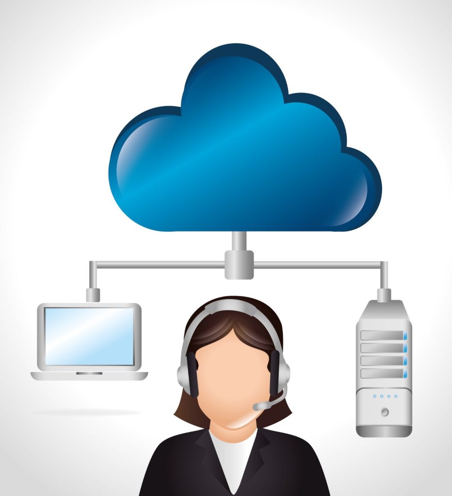 Illustration showing cloud based phone systems architecture with a blue cloud connected to laptop, headset user, and server infrastructure