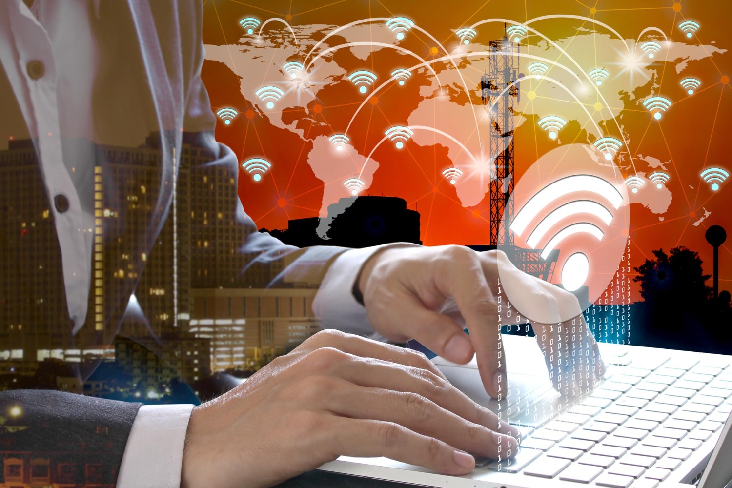Hands typing on a laptop keyboard with an overlaid graphic of a global map, Wi-Fi signals, and a telecom tower, highlighting global business internet networks and the role of fast business internet in scalable IT infrastructure.